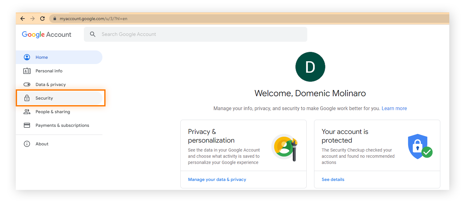 Hervorhebung der Option „Sicherheit“ unter „Google-Konto verwalten“ in Gmail