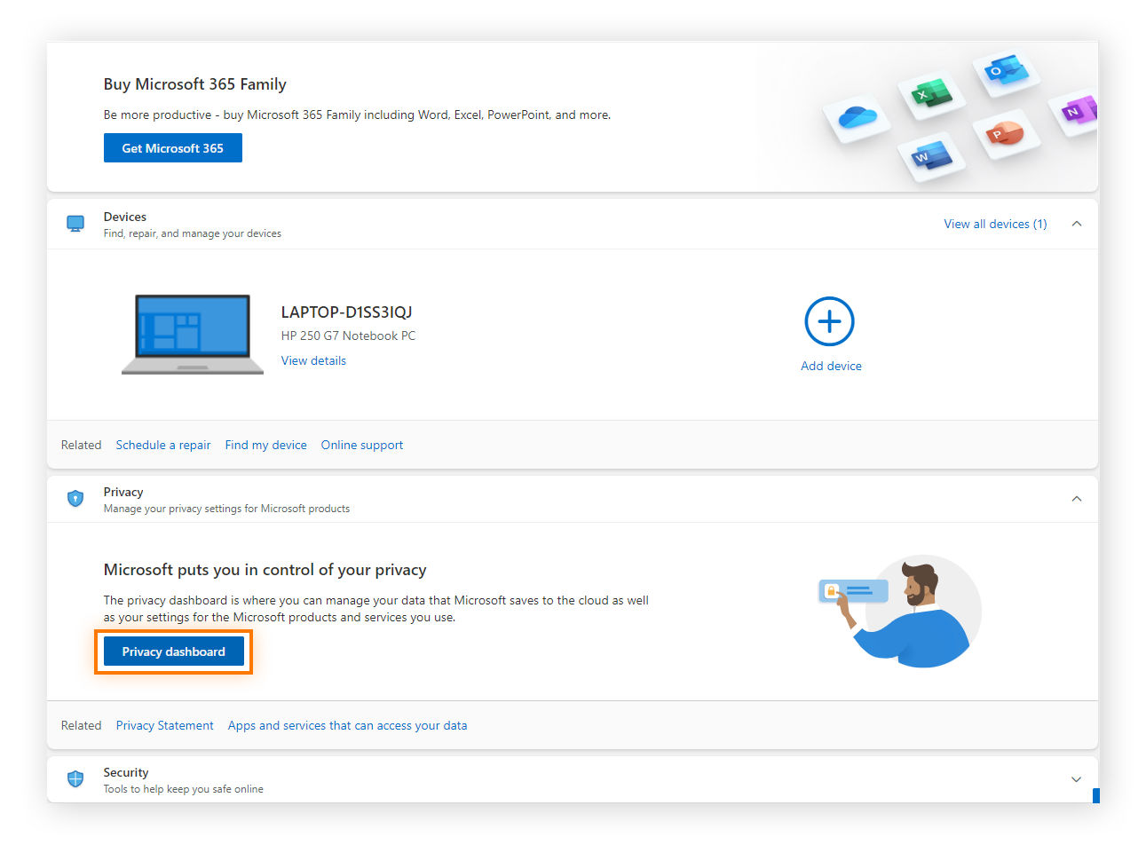 Hervorhebung der Option „Datenschutz-Dashboard“ in Microsoft Outlook