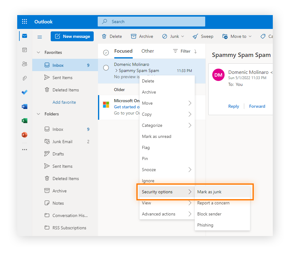 Markieren einer E-Mail als Junk in Outlook