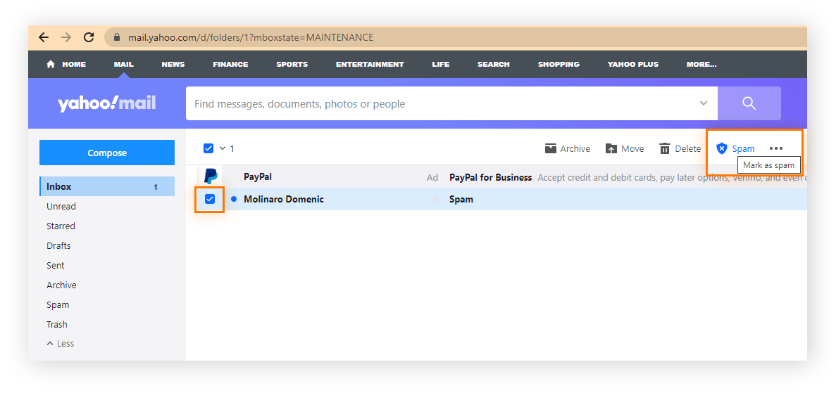 Melden von Spam bei Yahoo Mail