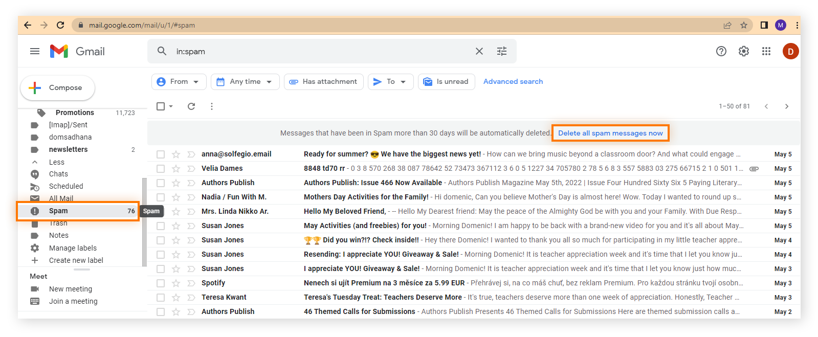 Löschen aller Spam-Nachrichten aus Gmail
