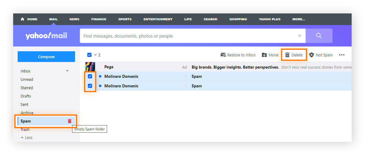 Löschen von Spam-Mails aus Yahoo Mail