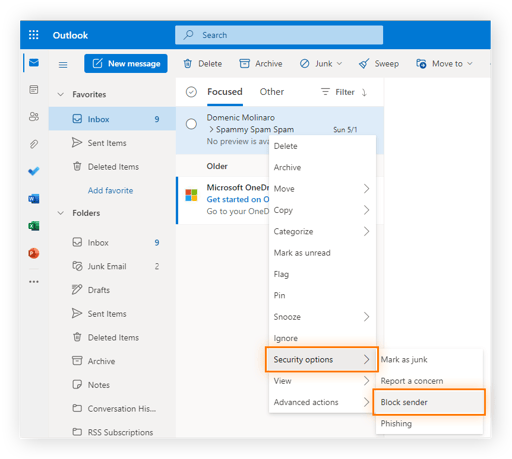 Blockieren eines Absenders in Outlook