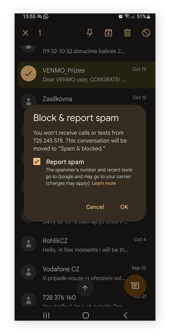 Bloqueie mensagens de texto denunciando spam e toque em OK.