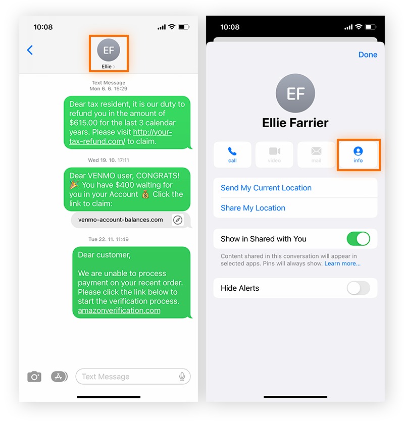 Abra uma mensagem de spam indesejada no iPhone e toque no nome do remetente para começar a bloquear spam deste remetente.