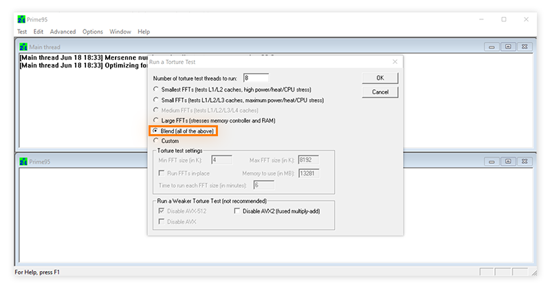 Principales configurations de test de Prime95, avec l’option « Blend (all of the above) » encerclée.