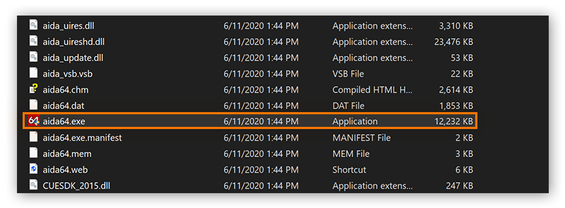 Um instantâneo do Windows Explorer onde o aida64.exe está localizado e destacado.