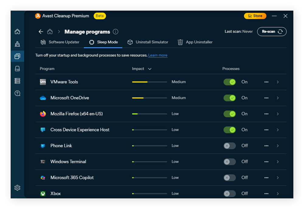 A screenshot of Avast Cleanup, with a list of apps currently in sleep mode.