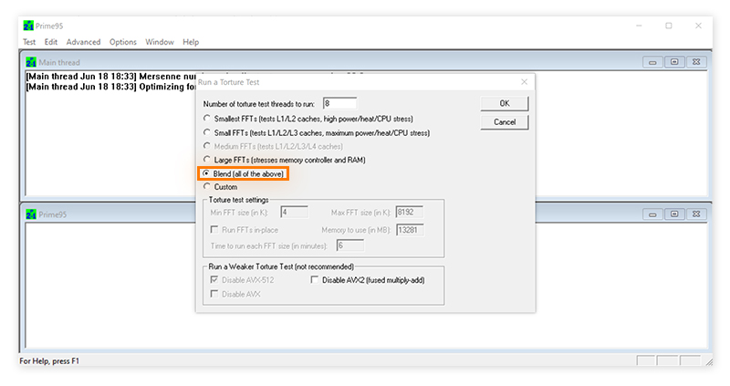 Choosing settings in Prime95 before running a stress test on my CPU.