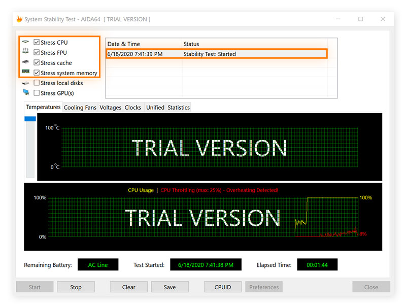 Configuring CPU stress test settings in AIDA64.