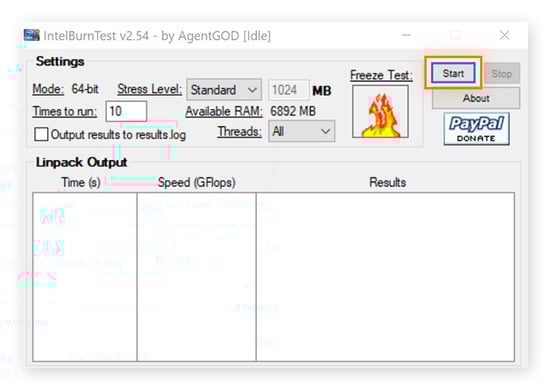 Running a stress test on my CPU on Windows with IntelBurnTest.