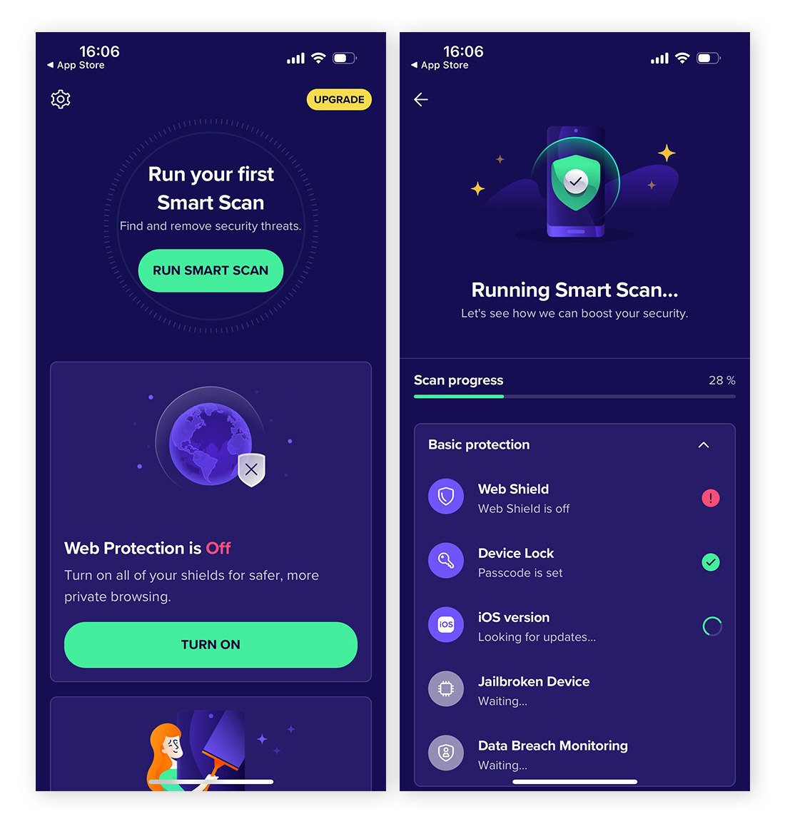 Capturas de tela do aplicativo de segurança móvel Avast Free Antivirus para iOS.