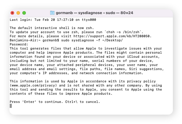 Starten eines Diagnosetests über das Terminal des Mac.
