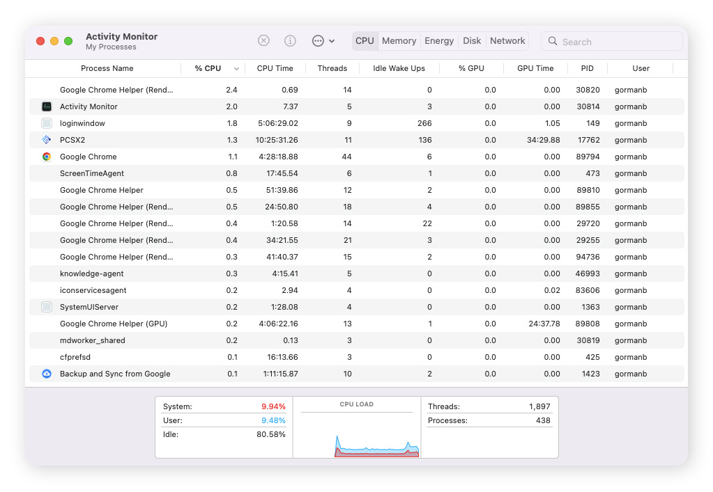 Die Aktivitätsanzeige des Mac mit detaillierter Ansicht der aktiven CPU-Prozesse.
