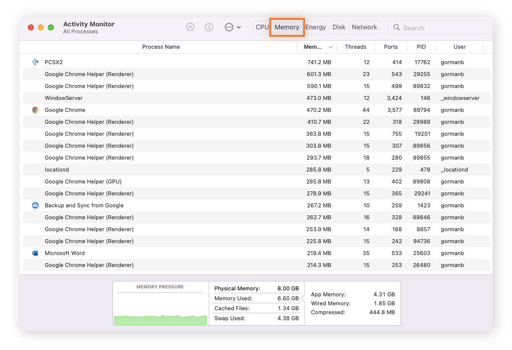 So führen Sie einen Mac-Speichertest in der Aktivitätsanzeige durch.