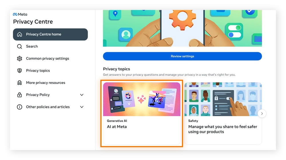 The topics within the Meta Privacy Center.