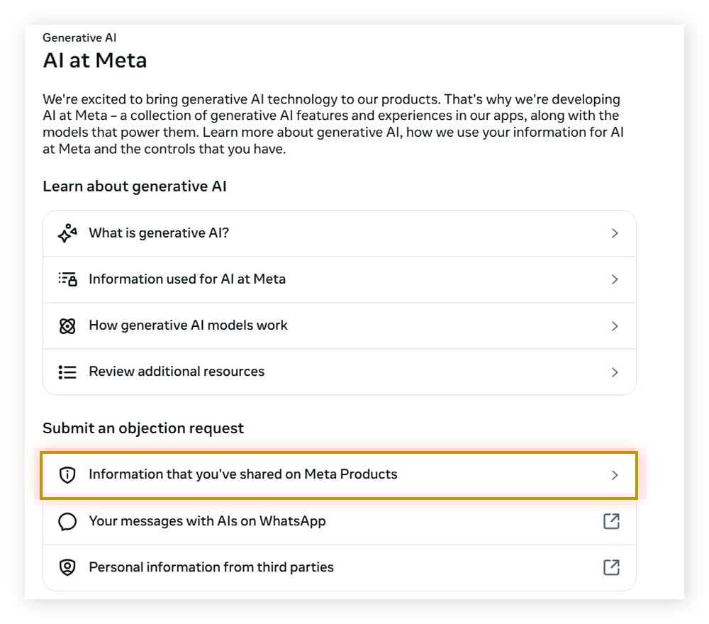 The AI at Meta menu shows the "Submit an objection request".