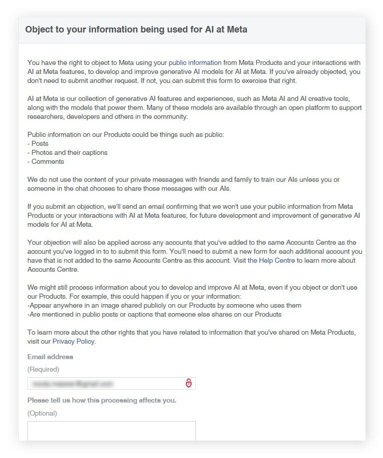 The "Object to your information being used for AI at Meta" form with email address space.