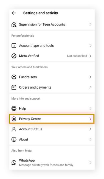 Privacy Centre within the Settings and activity window.