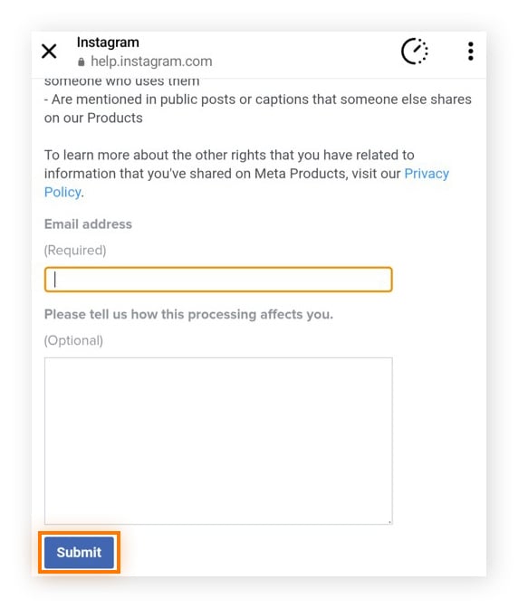 In the "Object to your information being used" window, fill in your email address and (optional) reason.