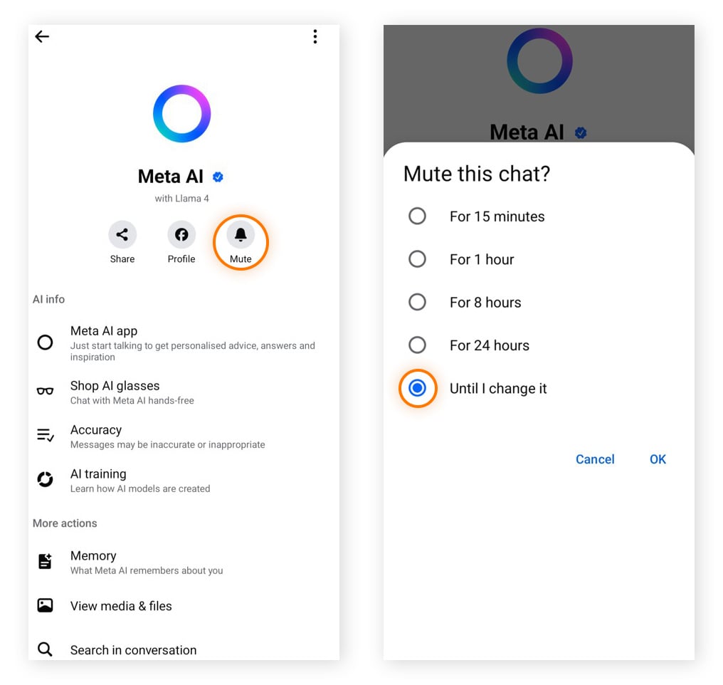 Meta AI info window with the mute icon, and the mute duration options.