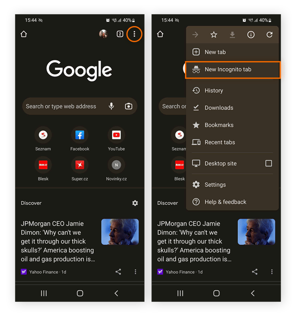 Ouverture d’un nouvel onglet Incognito dans Google Chrome pour mobile.