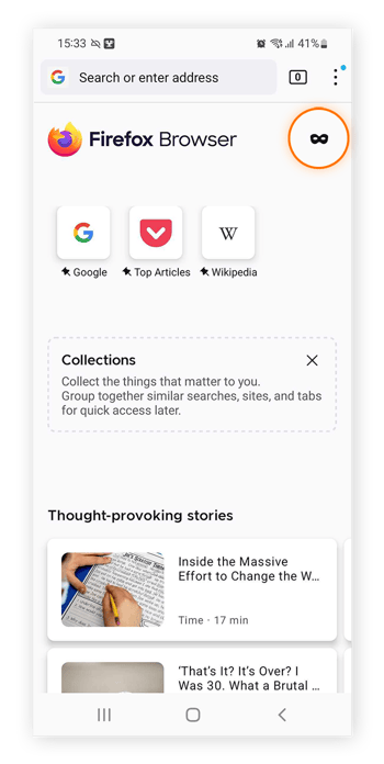 Activar el modo Firefox privado en la aplicación del navegador Firefox para Android.