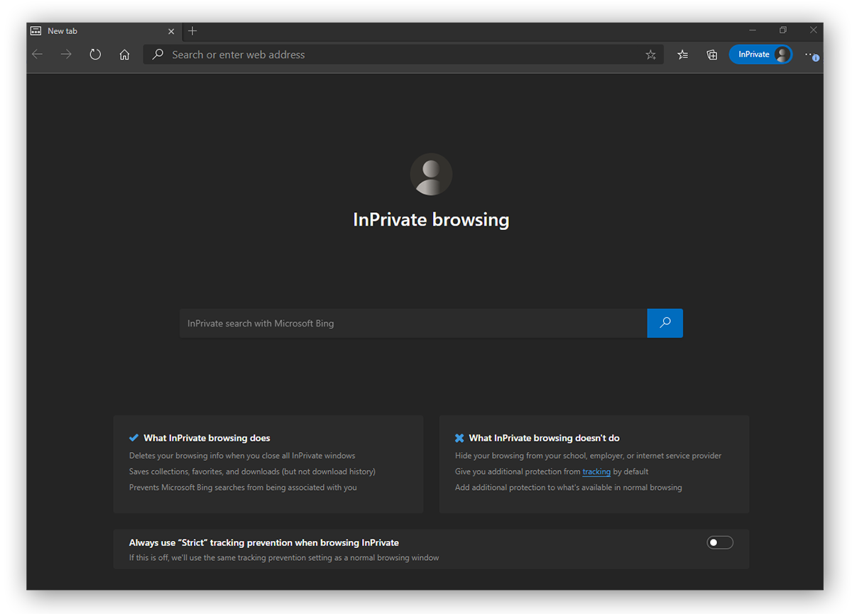 Une fenêtre de navigation privée InPrivate dans Microsoft Edge.