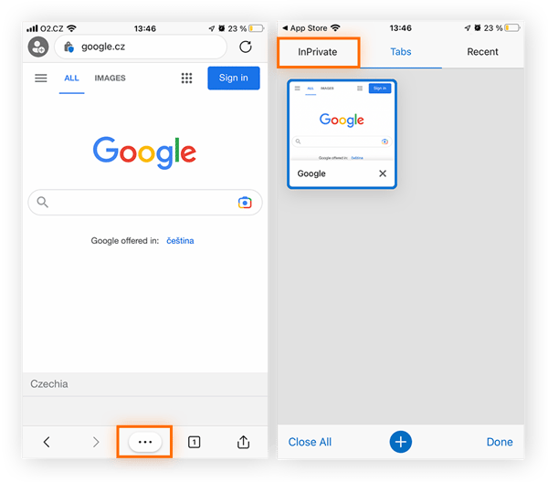 Navigation en mode InPrivate dans Microsoft Edge pour mobile.