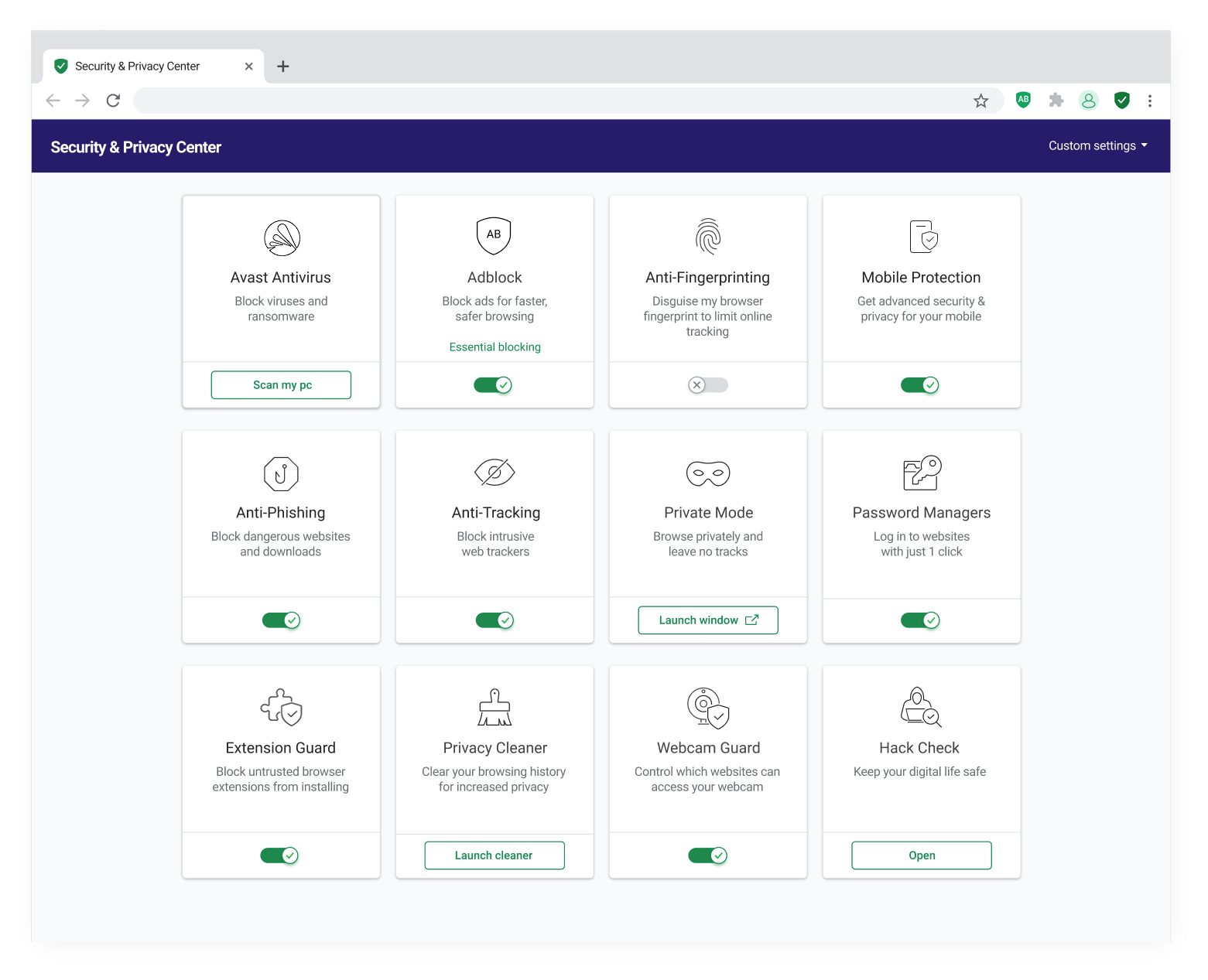Avast Secure Browser propose de nombreuses fonctionnalités de sécurité et de protection de la vie privée, par exemple le bloqueur de publicités, l’Anti-Pistage, la protection Anti-empreinte, etc.