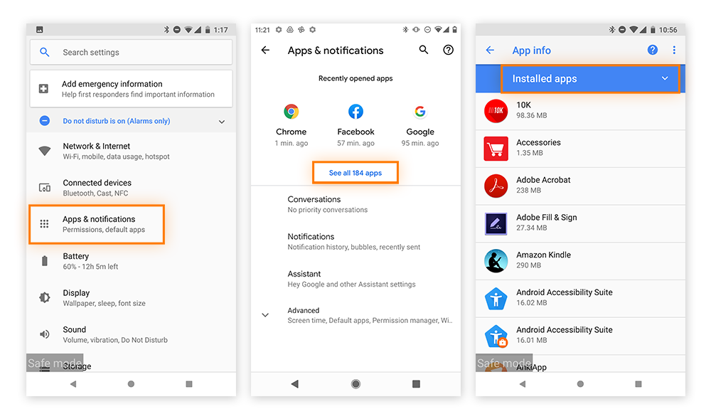 Localisation d’une application sur un appareil Android, avec Applications et notifications en surbrillance, Voir les 184 applications en surbrillance, et Applications installées en surbrillance.