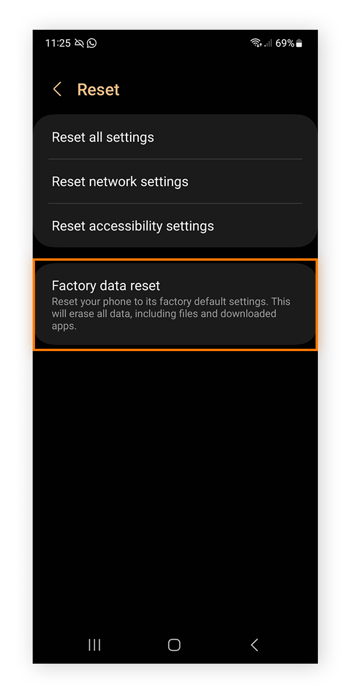 Confirmation du rétablissement des paramètres d’usine sous Android.