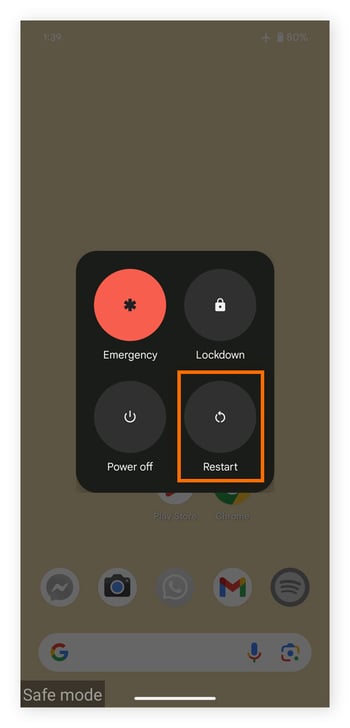 Exiting Safe Mode on Android Google Pixel using restart function.
