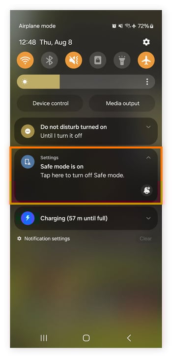 Disabling Safe Mode using the notification panel on Android.