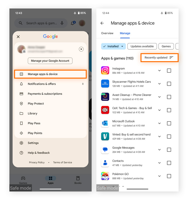 Checking for recently installed apps via the Google Play Store on Android.