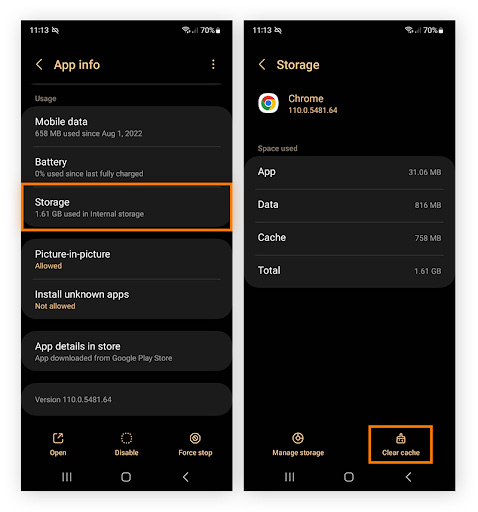 Deleting Android app cache via Android settings.
