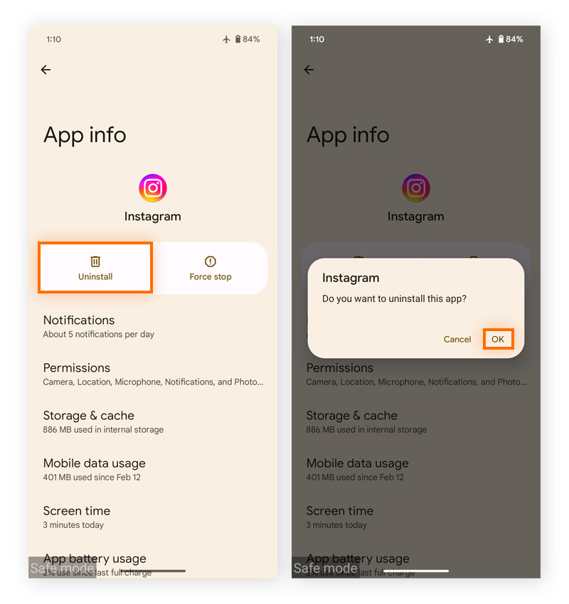 Uninstalling apps in Android settings.