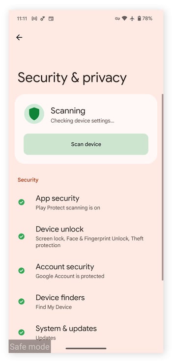 Running a Google Play Protect device scan when in Safe Mode on Android.