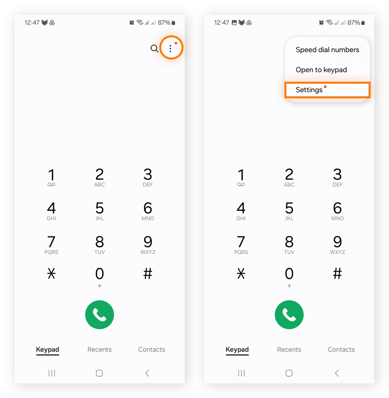 Screenshots showing how to access settings in the Android phone app.