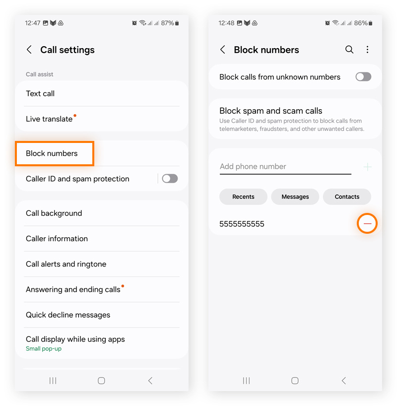 Screenshots showing how to access the blocked numbers list in the Android phone app.