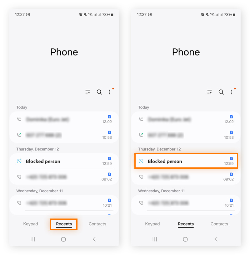 Screenshots showing how to select a recent caller in the Android phone app.