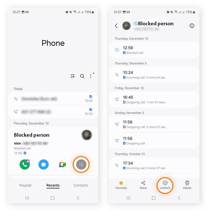 Screenshots showing how to unblock a recent caller in the Android phone app.