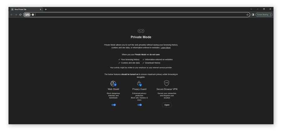 A screenshot of the Avast Secure Browser in Private Mode.
