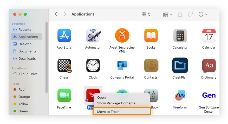 Supprimez des applications sur Mac en sélectionnant l’application et en choisissant Déplacer vers la corbeille.