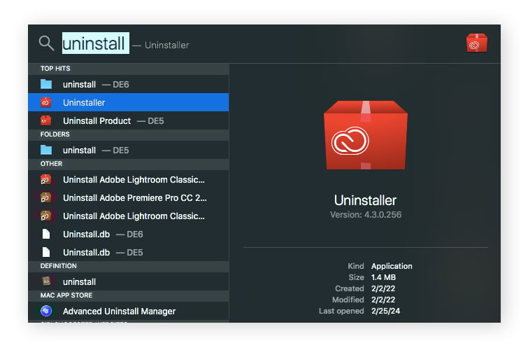 Accès aux programmes de désinstallation à l’aide de Spotlight sous macOS Sonoma.