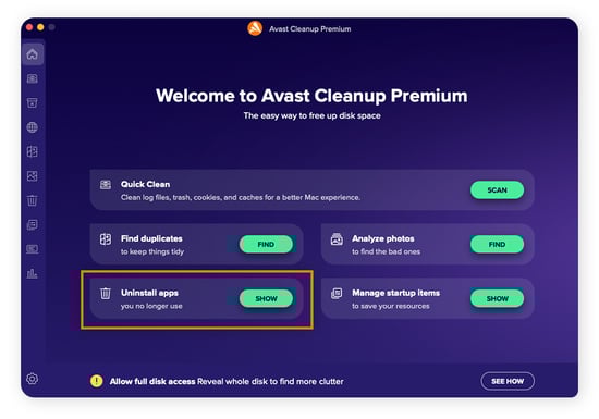 Sur l’écran d’accueil d’Avast Cleanup, cliquez sur Afficher à côté de Désinstallation des applications.