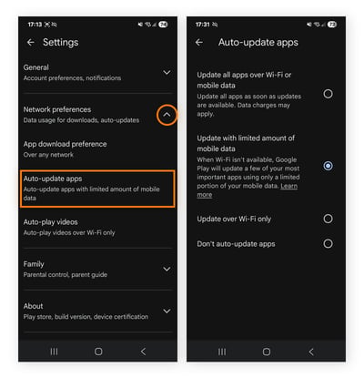 Ouvrez les paramètres de mise à jour automatique des applications dans Google Play Store sur Android.