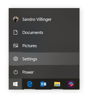 Configurações em seu menu Iniciar