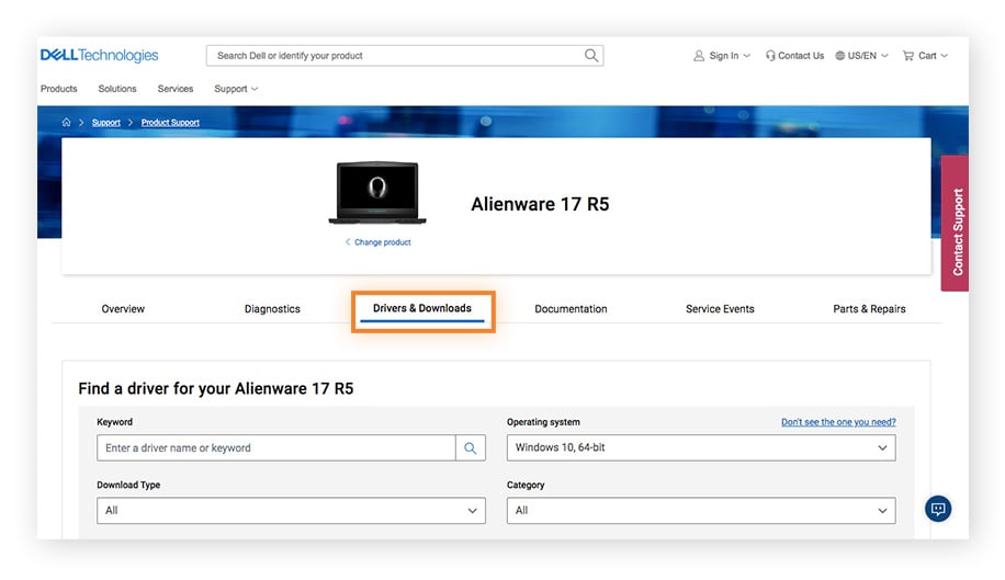 O site de suporte a produtos da Dell mostra opções para um laptop Alienware 17 R5, na guia Drivers e downloads.