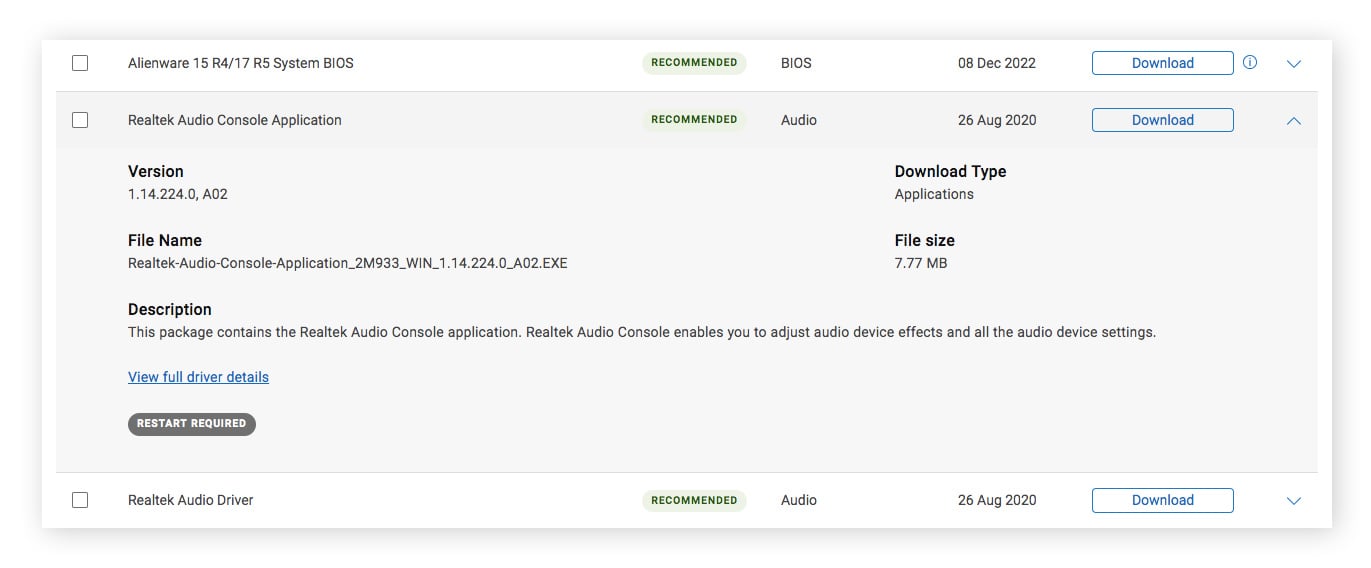 O site de suporte a produtos da Dell mostra a lista de downloads de drivers para um laptop Alienware 17 R5, com um download de driver Realtek expandido.